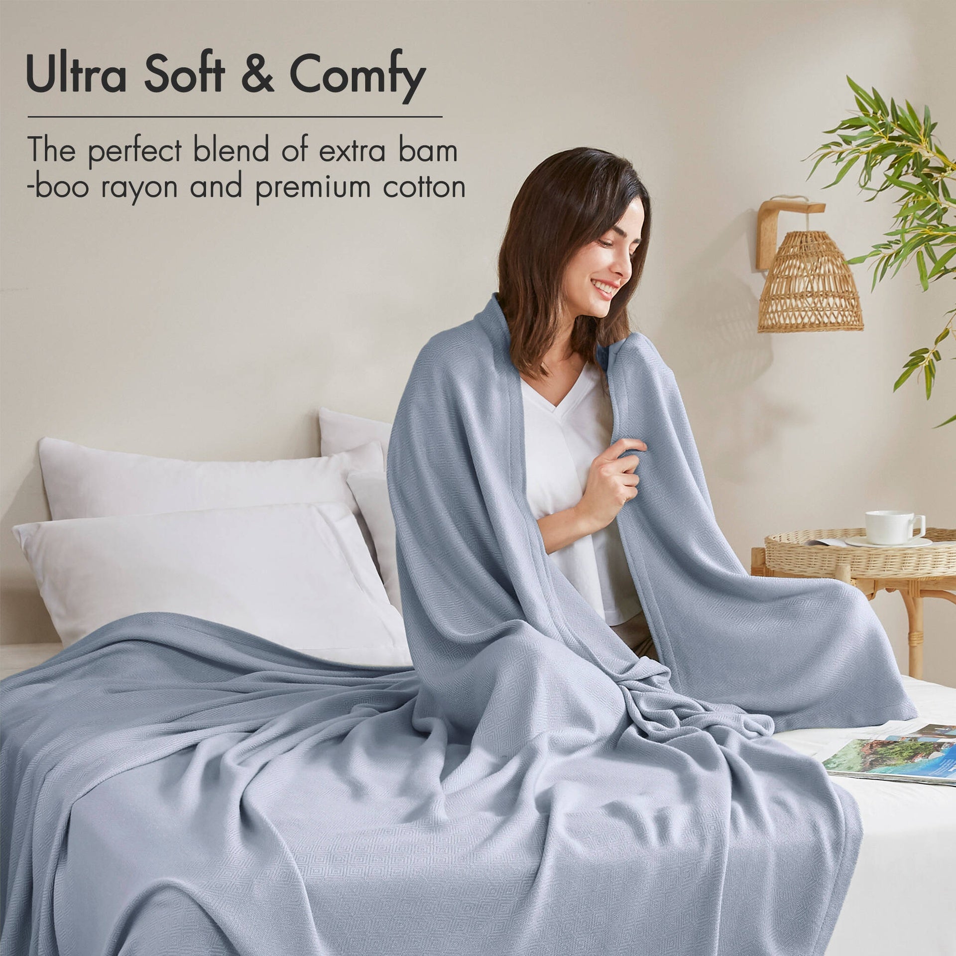 1-Piece King Rayon from Bamboo Cotton Blanket, Light Blue