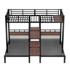 Twin over Twin over Twin Metal Bunk Bed ,triple metal bunk bed with Storage shelves and storage stairs,black