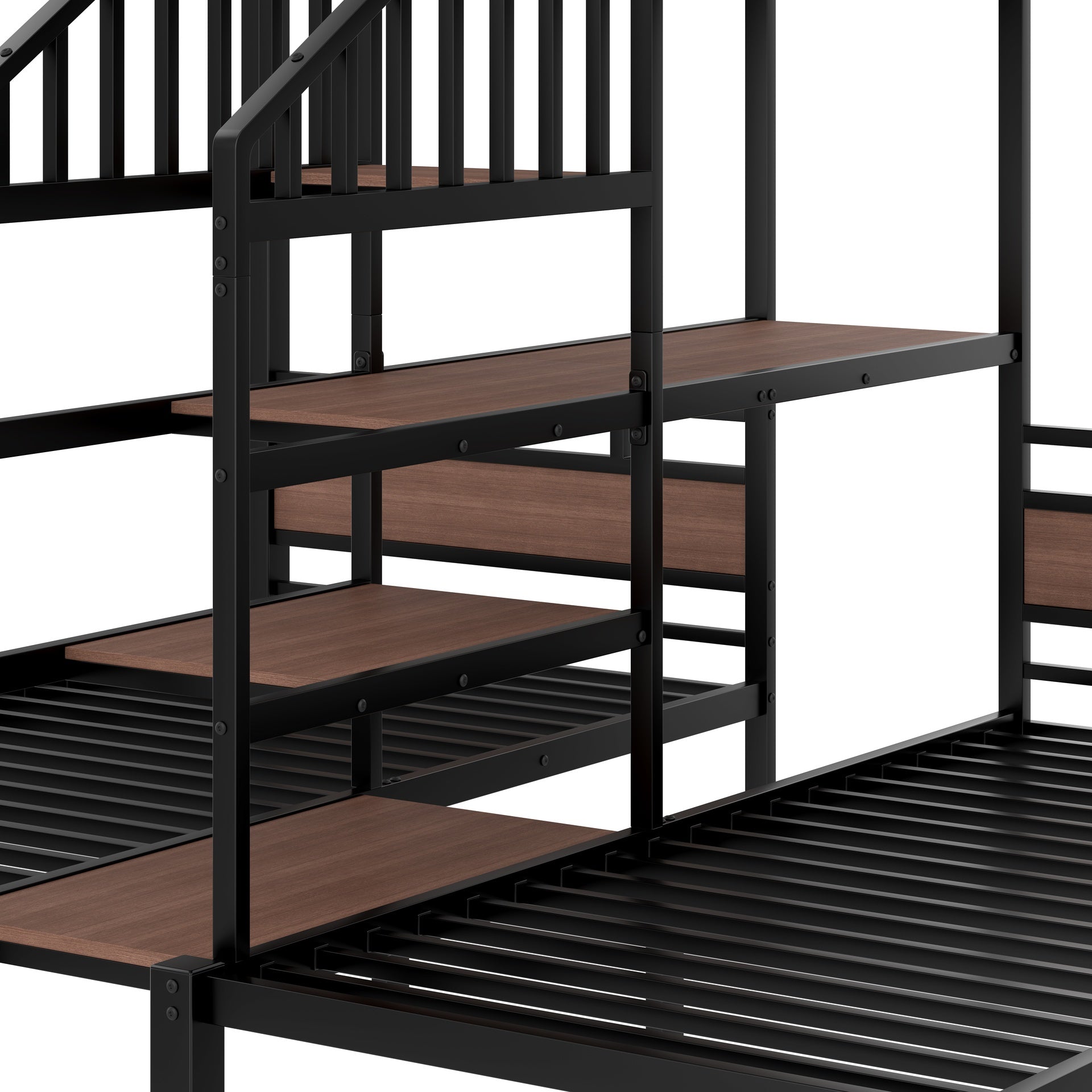 Twin over Twin over Twin Metal Bunk Bed ,triple metal bunk bed with Storage shelves and storage stairs,black