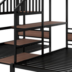 Twin over Twin over Twin Metal Bunk Bed ,triple metal bunk bed with Storage shelves and storage stairs,black