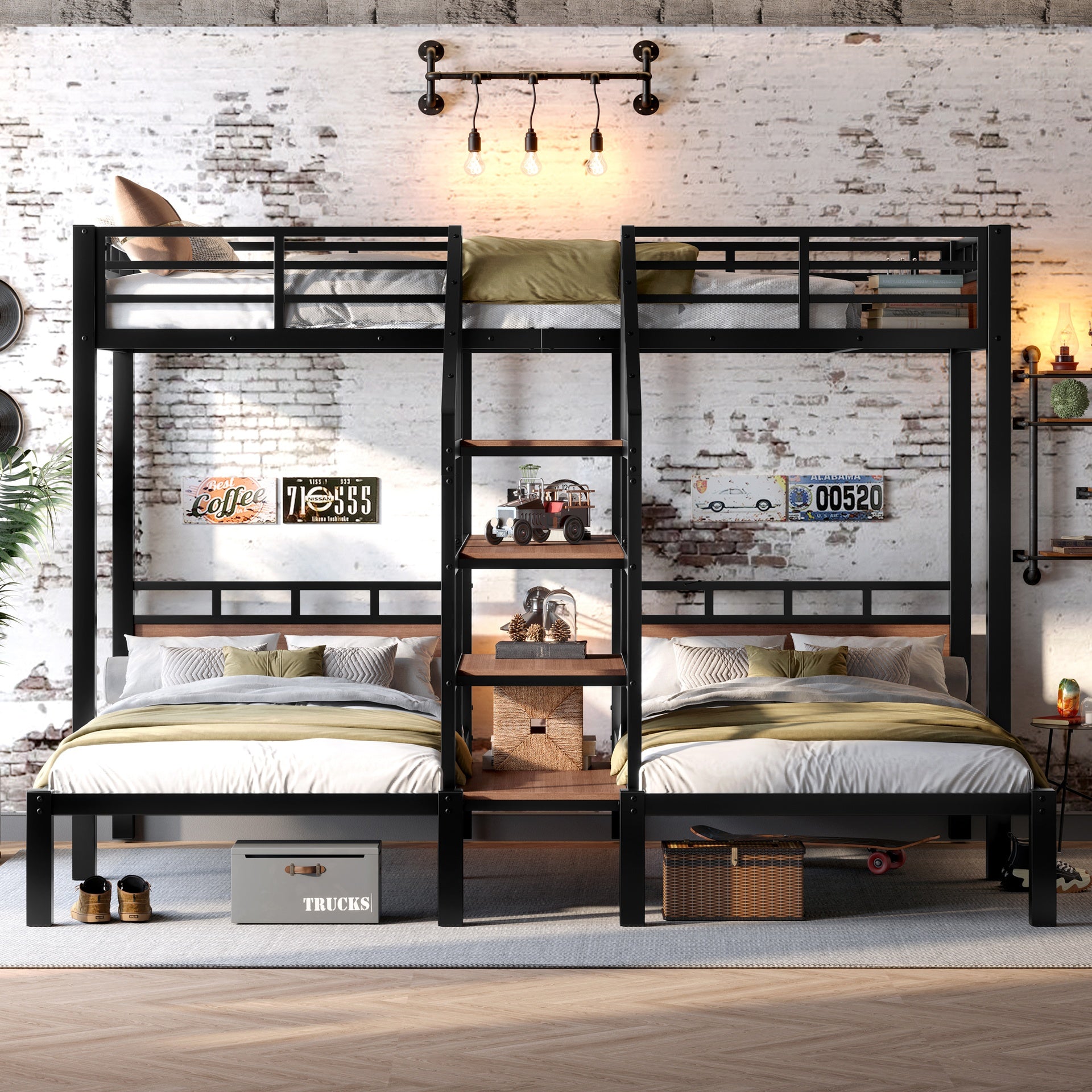 Twin over Twin over Twin Metal Bunk Bed ,triple metal bunk bed with Storage shelves and storage stairs,black