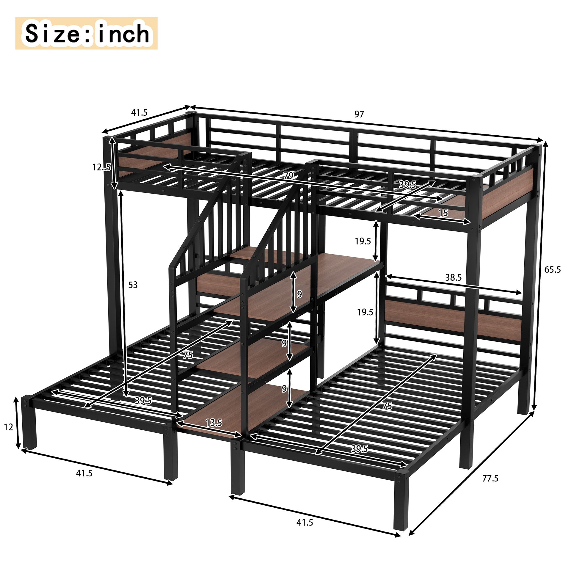 Twin over Twin over Twin Metal Bunk Bed ,triple metal bunk bed with Storage shelves and storage stairs,black
