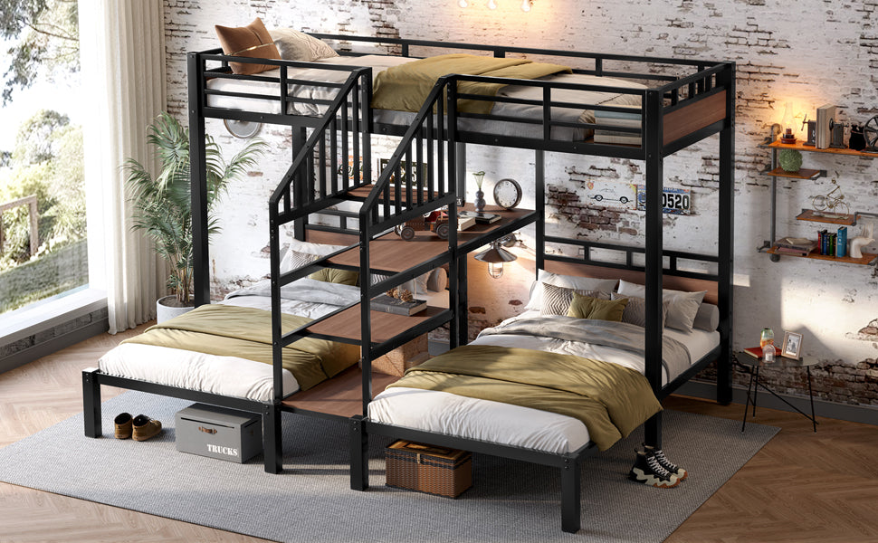 Twin over Twin over Twin Metal Bunk Bed ,triple metal bunk bed with Storage shelves and storage stairs,black