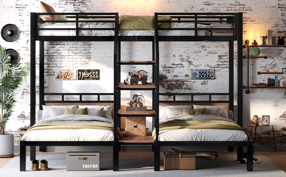 Twin over Twin over Twin Metal Bunk Bed ,triple metal bunk bed with Storage shelves and storage stairs,black