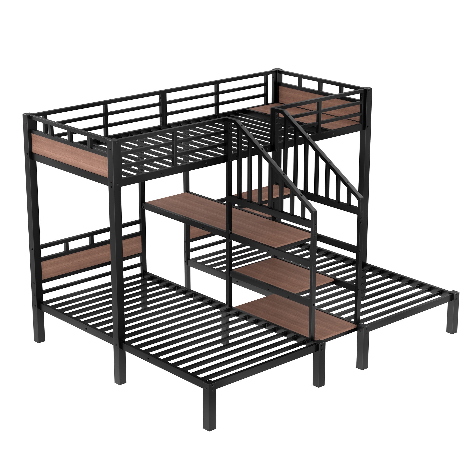Twin over Twin over Twin Metal Bunk Bed ,triple metal bunk bed with Storage shelves and storage stairs,black