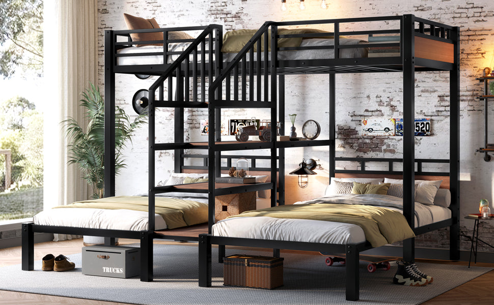 Twin over Twin over Twin Metal Bunk Bed ,triple metal bunk bed with Storage shelves and storage stairs,black