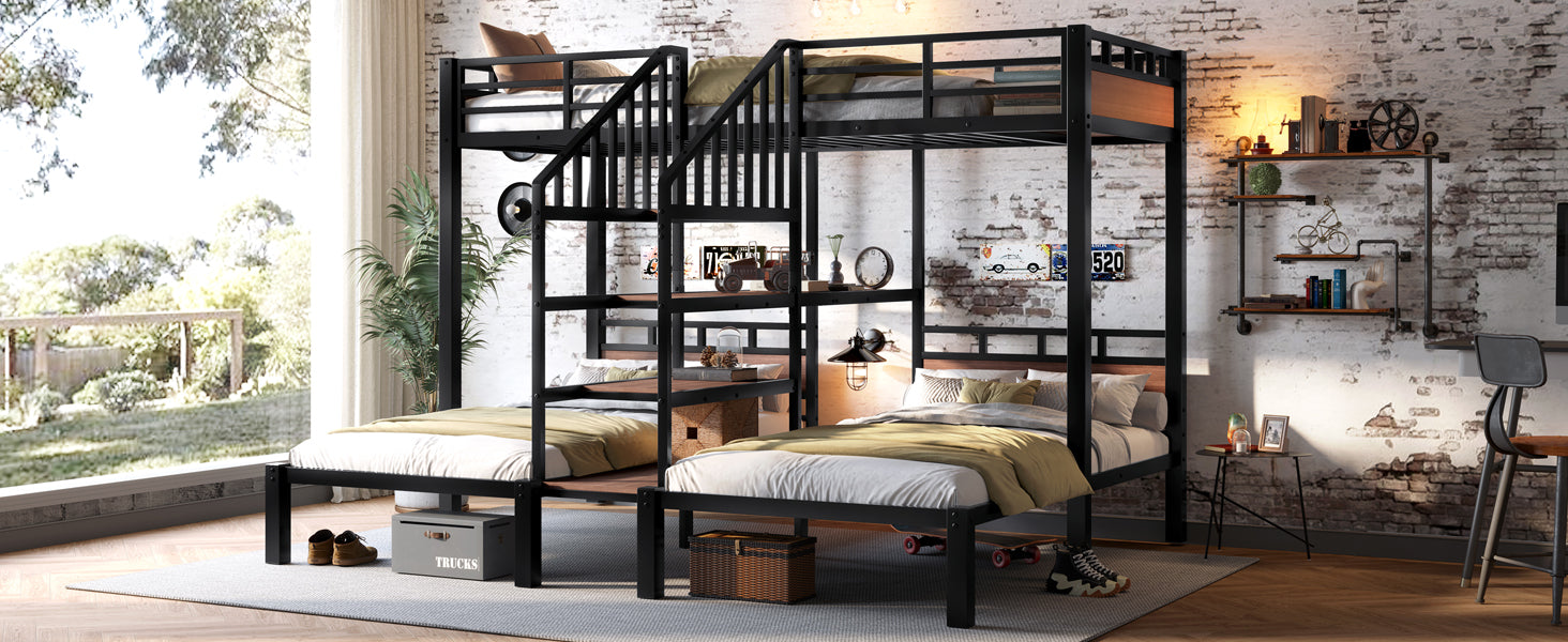 Twin over Twin over Twin Metal Bunk Bed ,triple metal bunk bed with Storage shelves and storage stairs,black