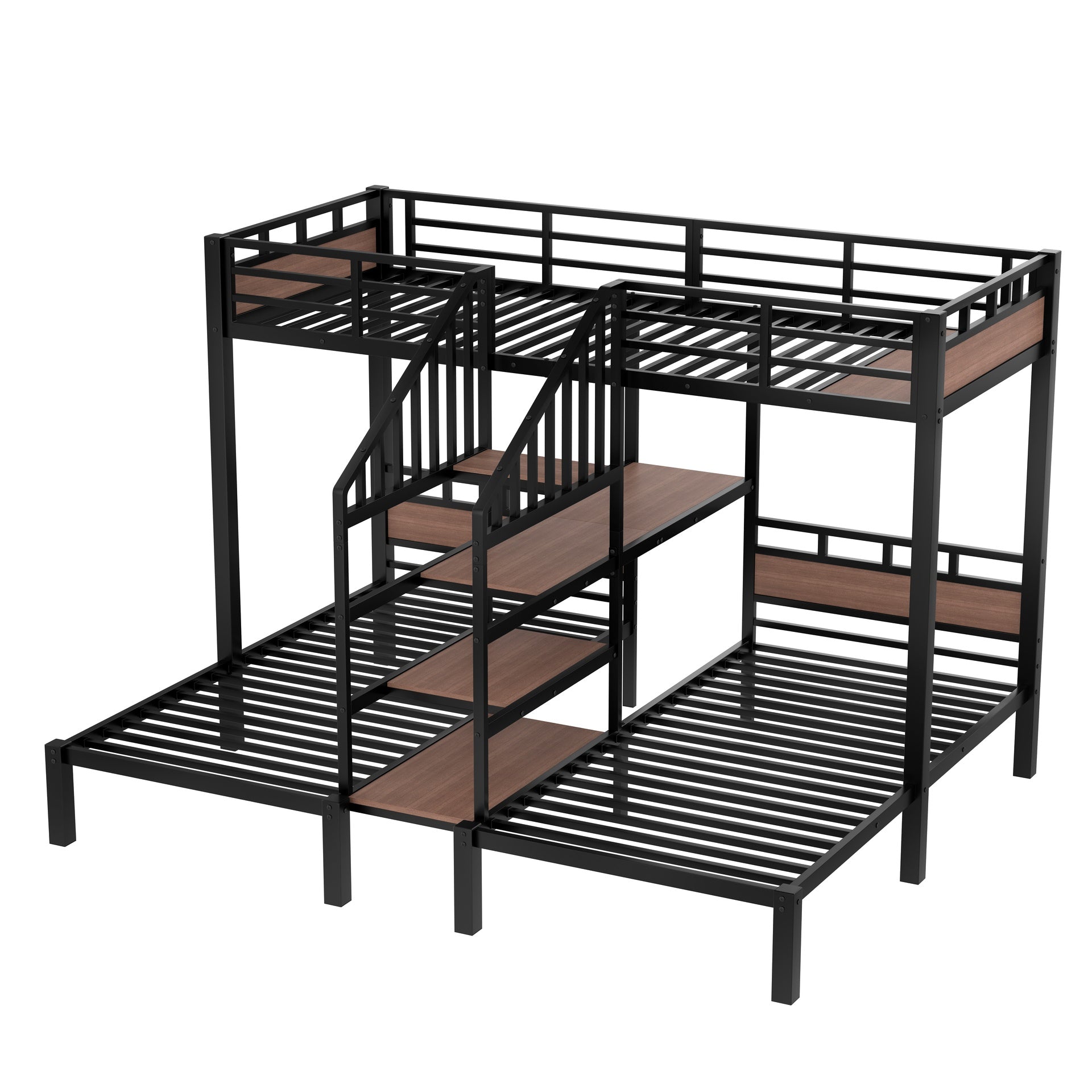 Twin over Twin over Twin Metal Bunk Bed ,triple metal bunk bed with Storage shelves and storage stairs,black