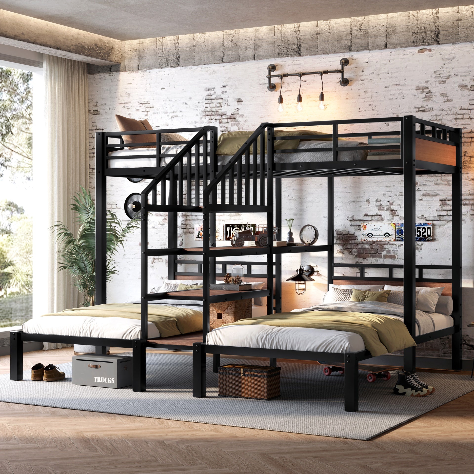 Twin over Twin over Twin Metal Bunk Bed ,triple metal bunk bed with Storage shelves and storage stairs,black