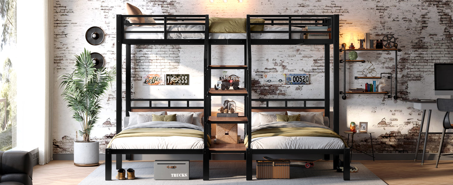 Twin over Twin over Twin Metal Bunk Bed ,triple metal bunk bed with Storage shelves and storage stairs,black