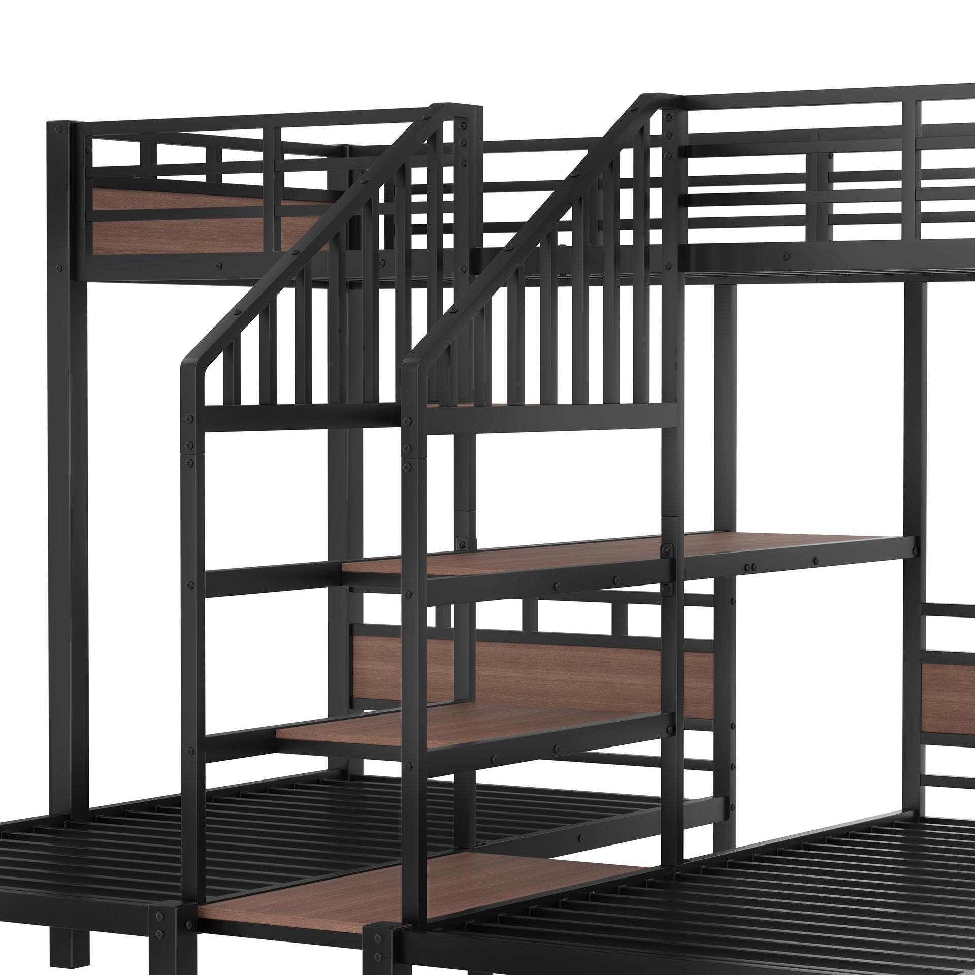 Twin over Twin over Twin Metal Bunk Bed ,triple metal bunk bed with Storage shelves and storage stairs,black