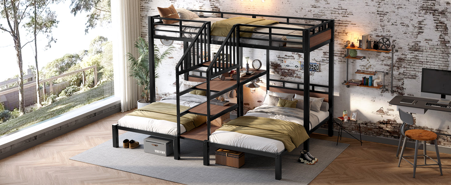 Twin over Twin over Twin Metal Bunk Bed ,triple metal bunk bed with Storage shelves and storage stairs,black