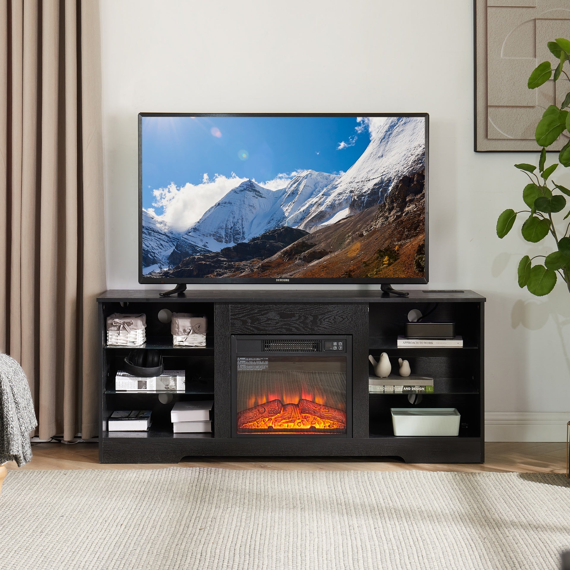 TV Stand Electric Fireplace TV Stand with Glass Shelves, 3D Fireplace TV Stand with LED Lights Wood with USB Charging Outlet Modern Television Table Center for TV up to 32-62" Black 58''W*15.4''D*24.4