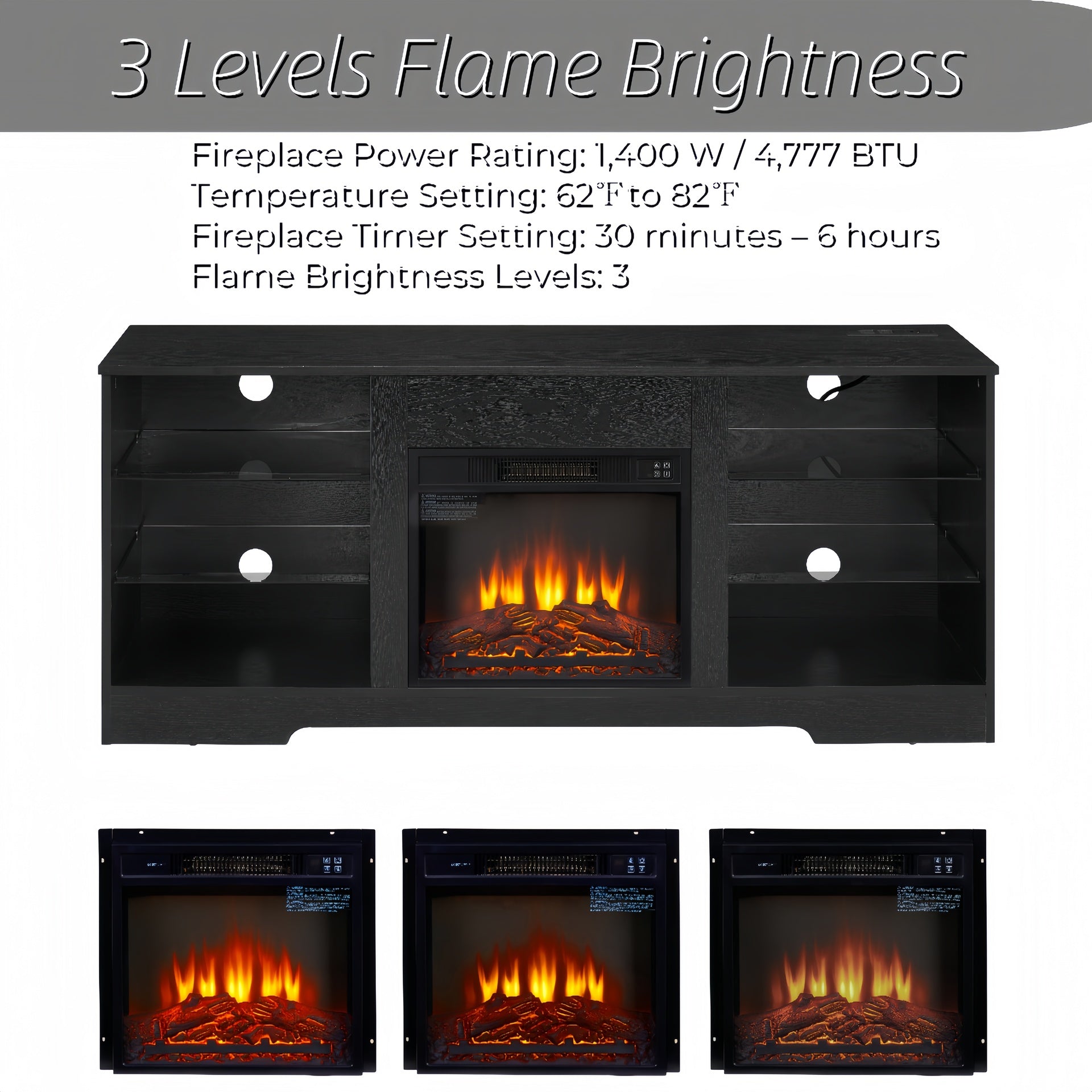 TV Stand Electric Fireplace TV Stand with Glass Shelves, 3D Fireplace TV Stand with LED Lights Wood with USB Charging Outlet Modern Television Table Center for TV up to 32-62" Black 58''W*15.4''D*24.4