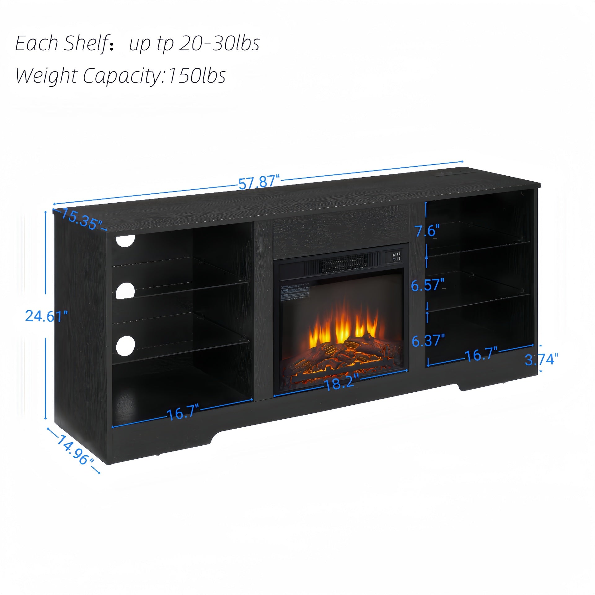 TV Stand Electric Fireplace TV Stand with Glass Shelves, 3D Fireplace TV Stand with LED Lights Wood with USB Charging Outlet Modern Television Table Center for TV up to 32-62" Black 58''W*15.4''D*24.4