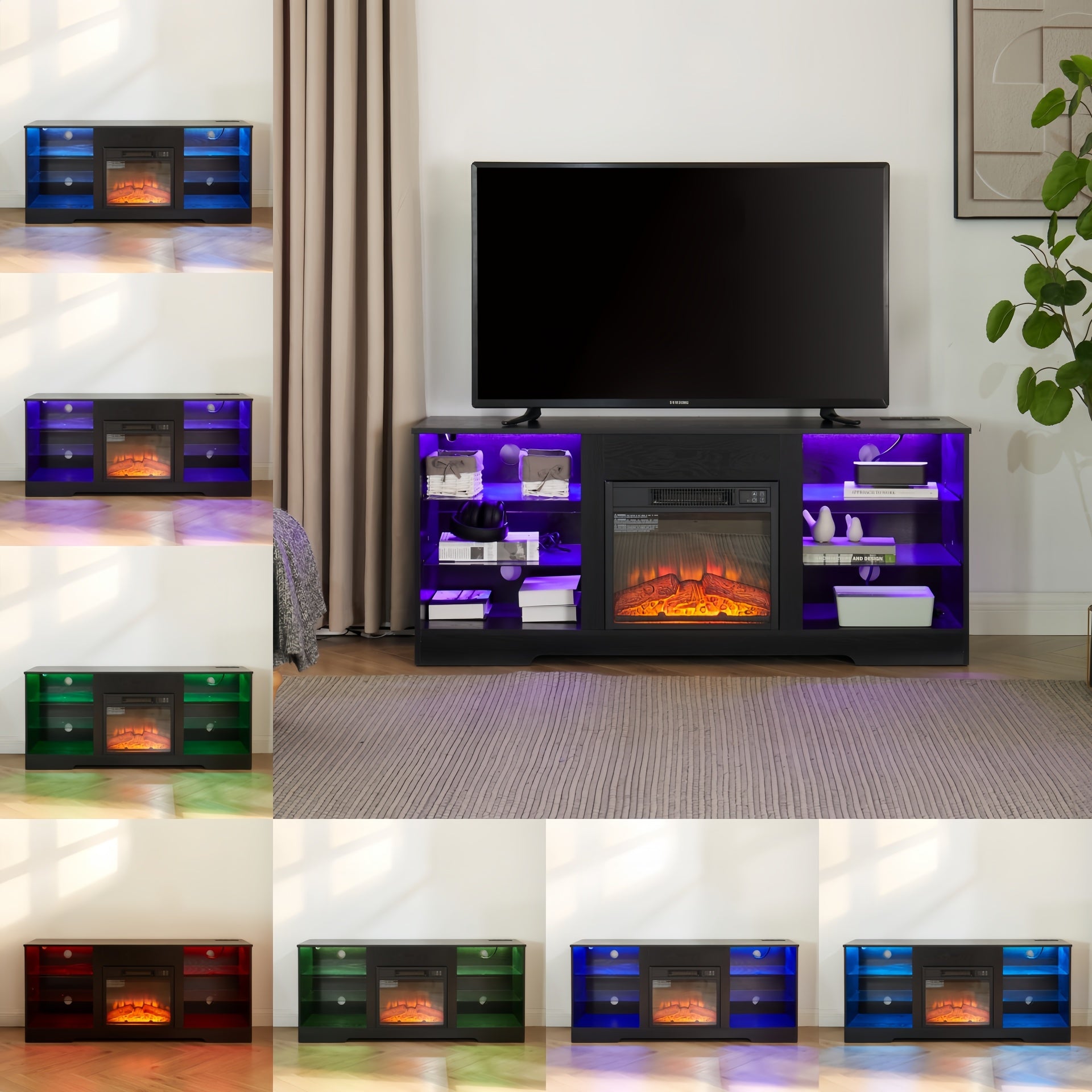 TV Stand Electric Fireplace TV Stand with Glass Shelves, 3D Fireplace TV Stand with LED Lights Wood with USB Charging Outlet Modern Television Table Center for TV up to 32-62" Black 58''W*15.4''D*24.4
