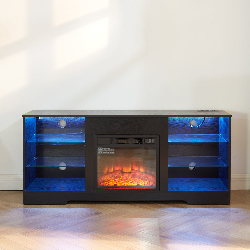 TV Stand Electric Fireplace TV Stand with Glass Shelves, 3D Fireplace TV Stand with LED Lights Wood with USB Charging Outlet Modern Television Table Center for TV up to 32-62" Black 58''W*15.4''D*24.4