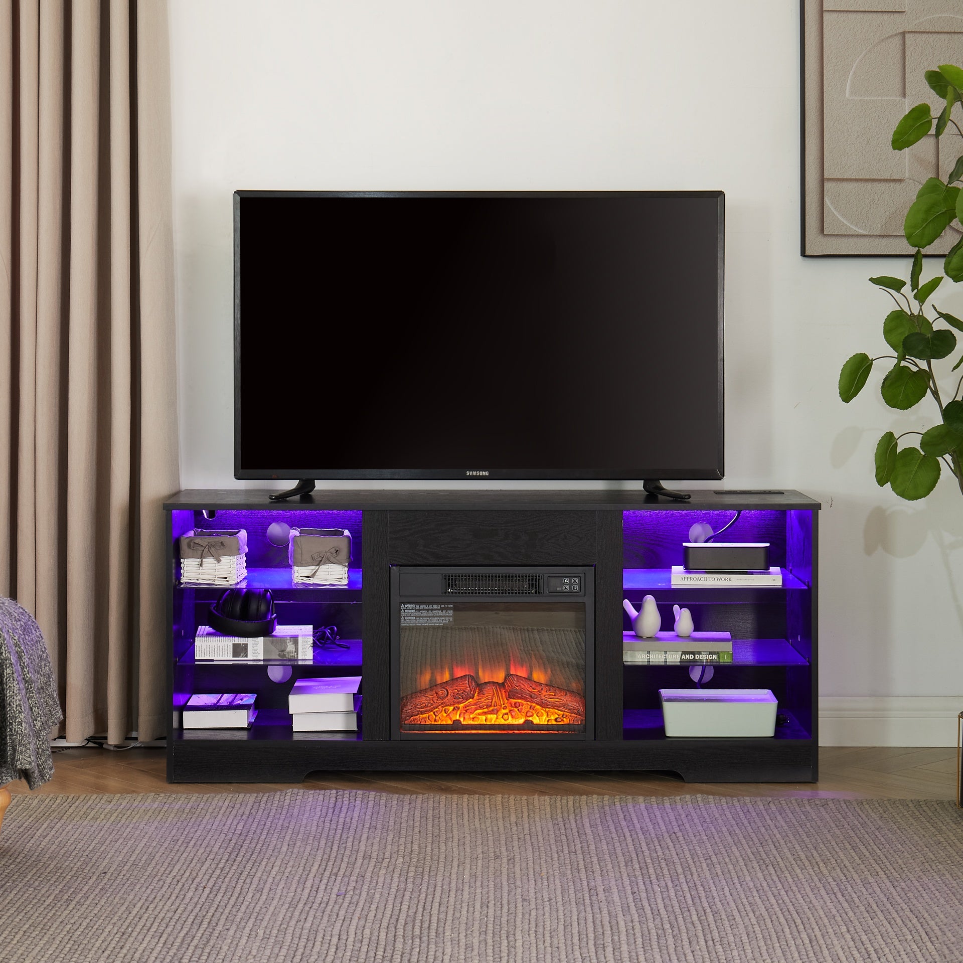 TV Stand Electric Fireplace TV Stand with Glass Shelves, 3D Fireplace TV Stand with LED Lights Wood with USB Charging Outlet Modern Television Table Center for TV up to 32-62" Black 58''W*15.4''D*24.4