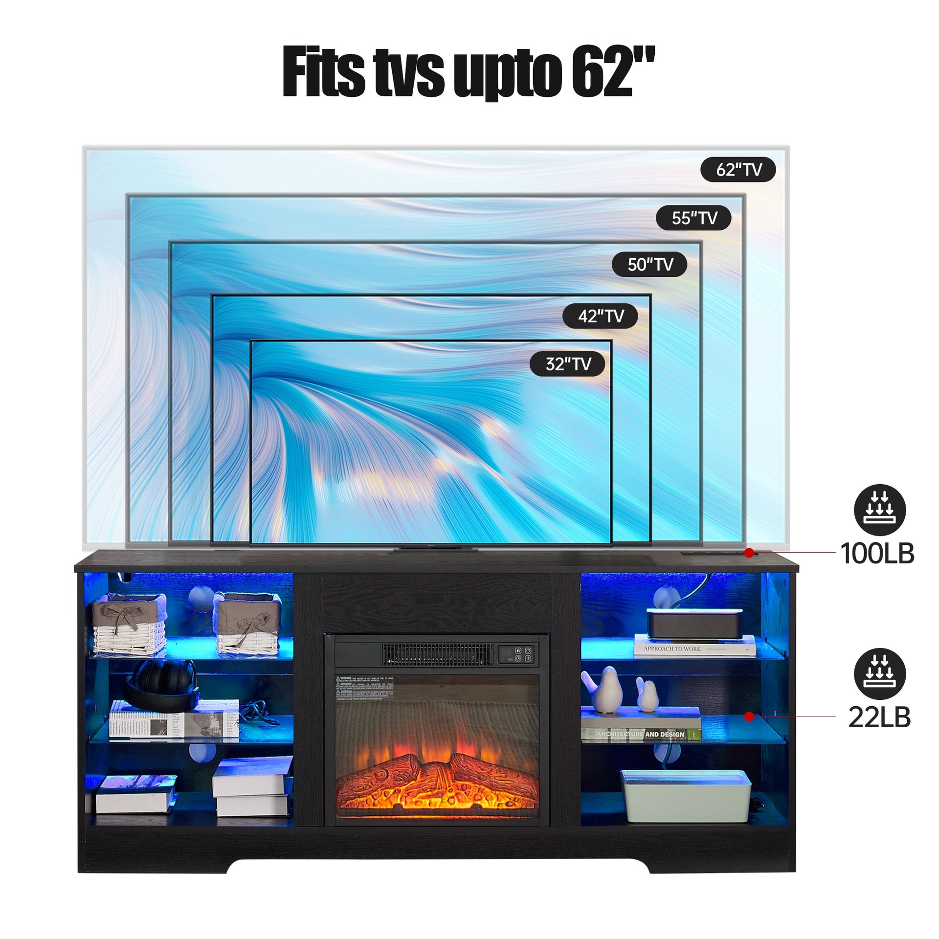 TV Stand Electric Fireplace TV Stand with Glass Shelves, 3D Fireplace TV Stand with LED Lights Wood with USB Charging Outlet Modern Television Table Center for TV up to 32-62" Black 58''W*15.4''D*24.4