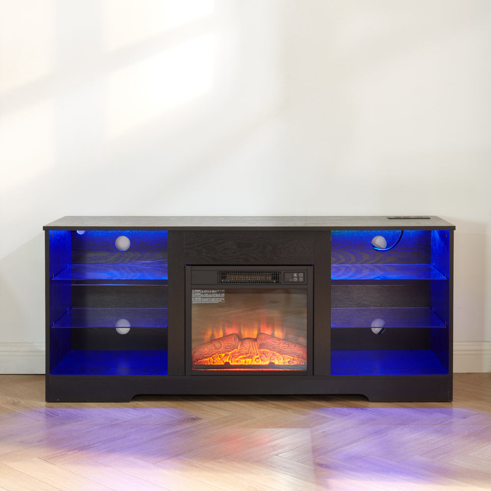 TV Stand Electric Fireplace TV Stand with Glass Shelves, 3D Fireplace TV Stand with LED Lights Wood with USB Charging Outlet Modern Television Table Center for TV up to 32-62" Black 58''W*15.4''D*24.4