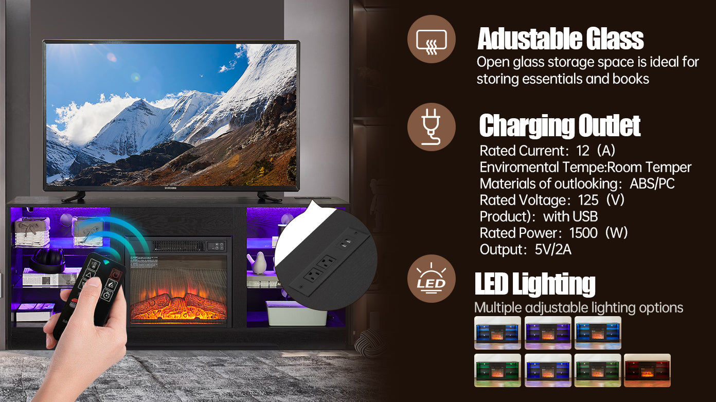 TV Stand Electric Fireplace TV Stand with Glass Shelves, 3D Fireplace TV Stand with LED Lights Wood with USB Charging Outlet Modern Television Table Center for TV up to 32-62" Black 58''W*15.4''D*24.4