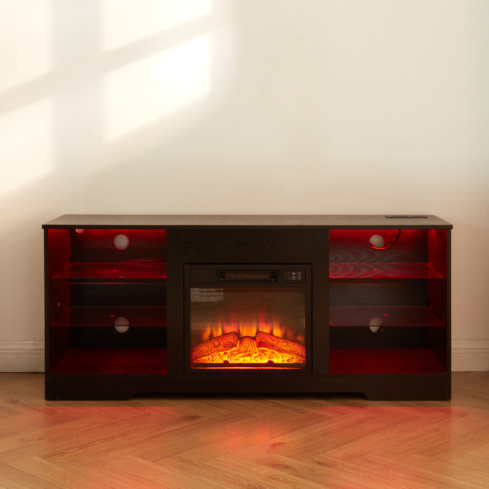 TV Stand Electric Fireplace TV Stand with Glass Shelves, 3D Fireplace TV Stand with LED Lights Wood with USB Charging Outlet Modern Television Table Center for TV up to 32-62" Black 58''W*15.4''D*24.4
