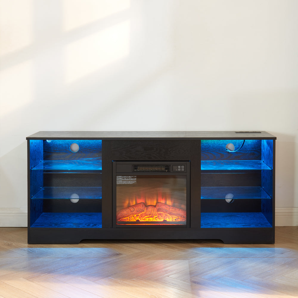 TV Stand Electric Fireplace TV Stand with Glass Shelves, 3D Fireplace TV Stand with LED Lights Wood with USB Charging Outlet Modern Television Table Center for TV up to 32-62" Black 58''W*15.4''D*24.4