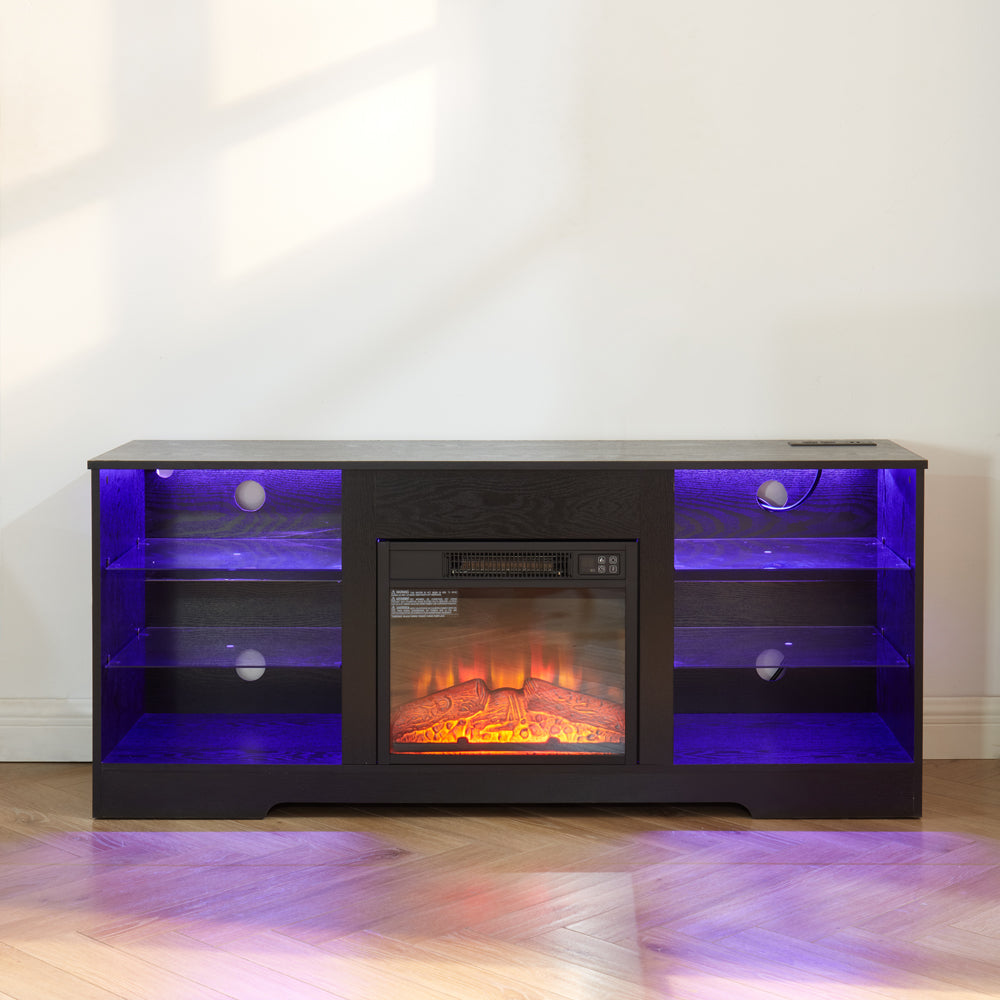 TV Stand Electric Fireplace TV Stand with Glass Shelves, 3D Fireplace TV Stand with LED Lights Wood with USB Charging Outlet Modern Television Table Center for TV up to 32-62" Black 58''W*15.4''D*24.4