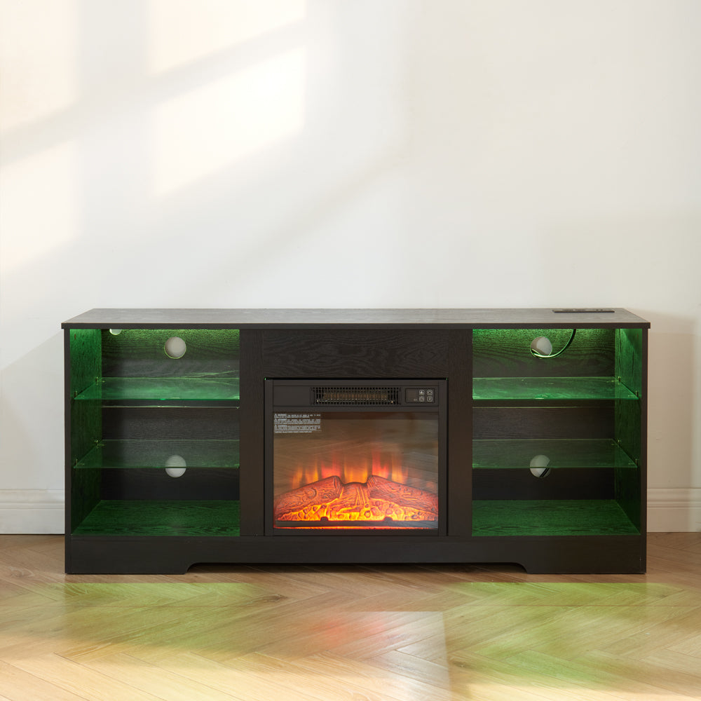 TV Stand Electric Fireplace TV Stand with Glass Shelves, 3D Fireplace TV Stand with LED Lights Wood with USB Charging Outlet Modern Television Table Center for TV up to 32-62" Black 58''W*15.4''D*24.4