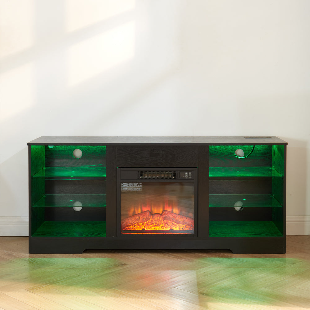 TV Stand Electric Fireplace TV Stand with Glass Shelves, 3D Fireplace TV Stand with LED Lights Wood with USB Charging Outlet Modern Television Table Center for TV up to 32-62" Black 58''W*15.4''D*24.4