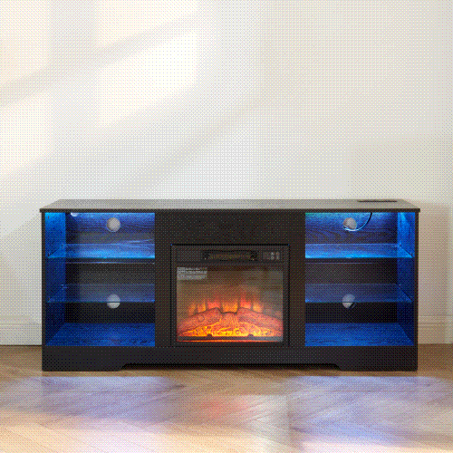 TV Stand Electric Fireplace TV Stand with Glass Shelves, 3D Fireplace TV Stand with LED Lights Wood with USB Charging Outlet Modern Television Table Center for TV up to 32-62" Black 58''W*15.4''D*24.4