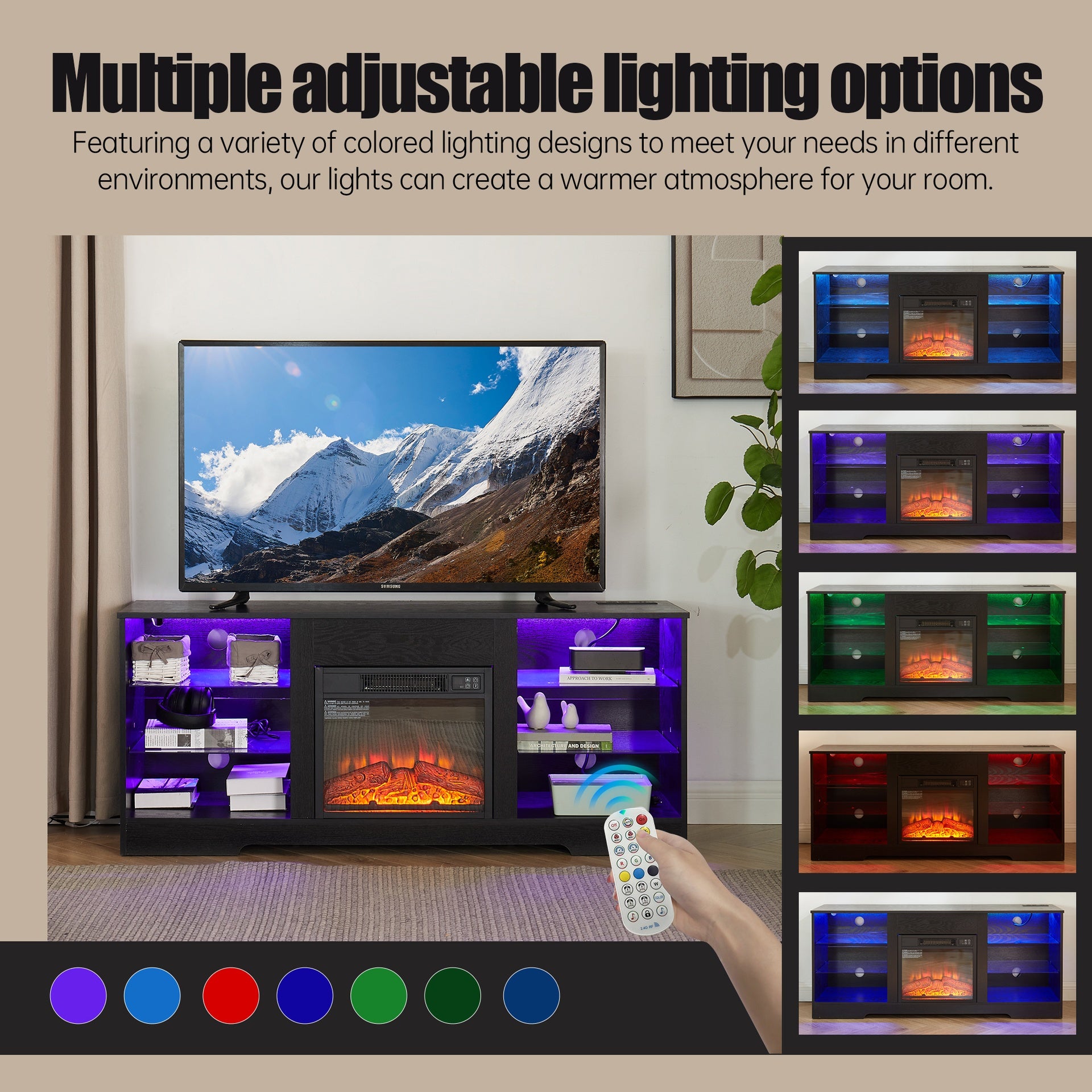TV Stand Electric Fireplace TV Stand with Glass Shelves, 3D Fireplace TV Stand with LED Lights Wood with USB Charging Outlet Modern Television Table Center for TV up to 32-62" Black 58''W*15.4''D*24.4