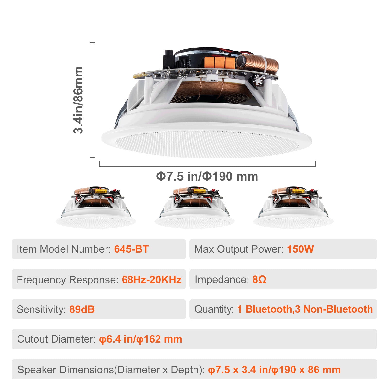 4 PCs 6.5'' Bluetooth in Ceiling Speakers, 150W, Flush Mount Ceiling & in-Wall Speaker System with 8ΩImpedance 89dB Sensitivity, for Home Kitchen Living Room Bedroom or Covered Outdoor Porches