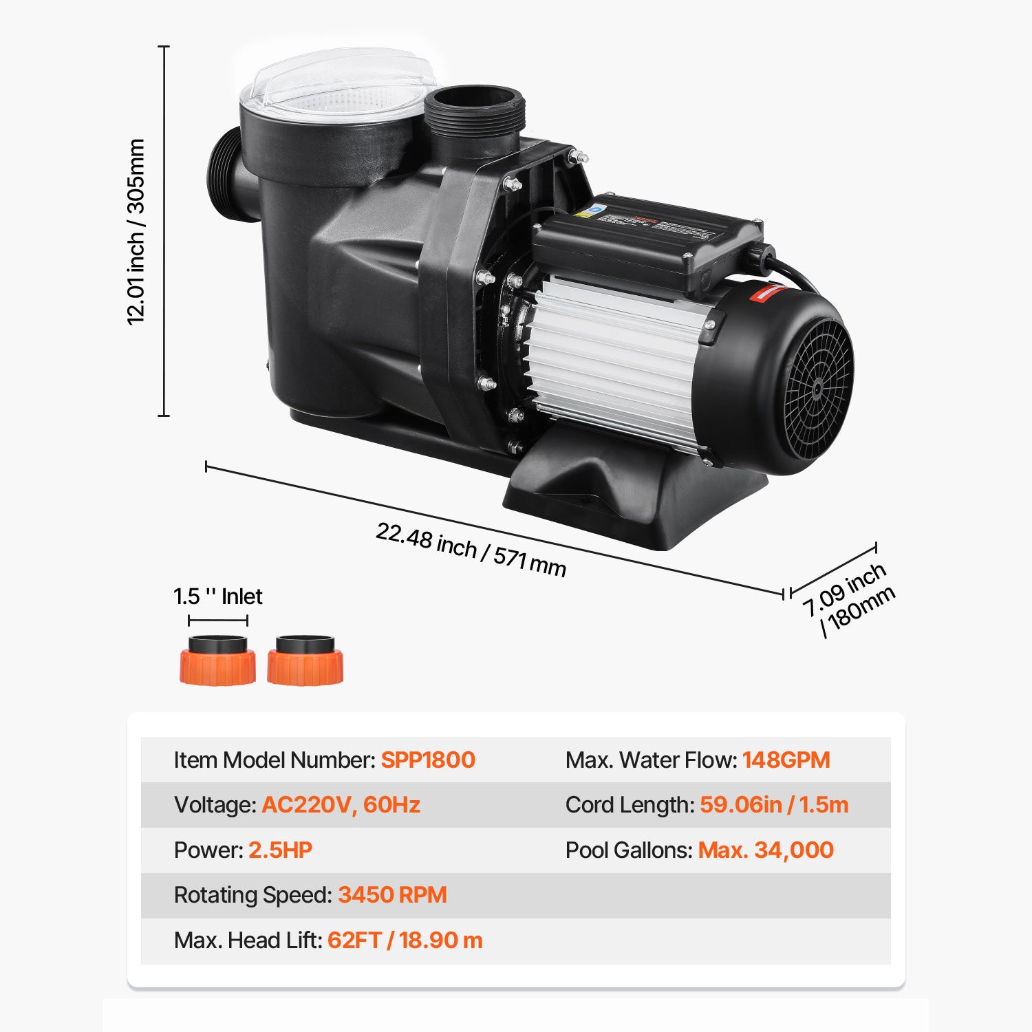 2.5 HP Above Ground Swimming Pool Pump Single Speed 148 GPM 3450 RPM 220V