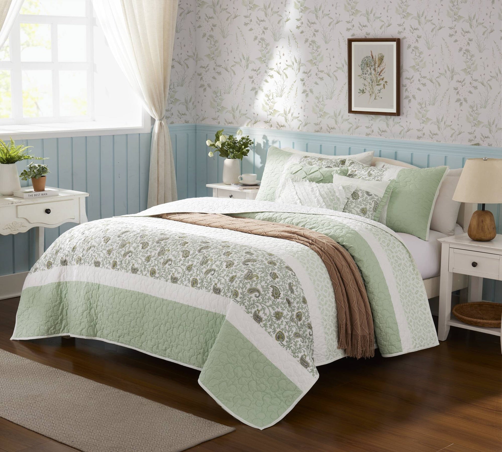 6 Piece Cotton Percale Quilt Set with Throw Pillows Full/Queen