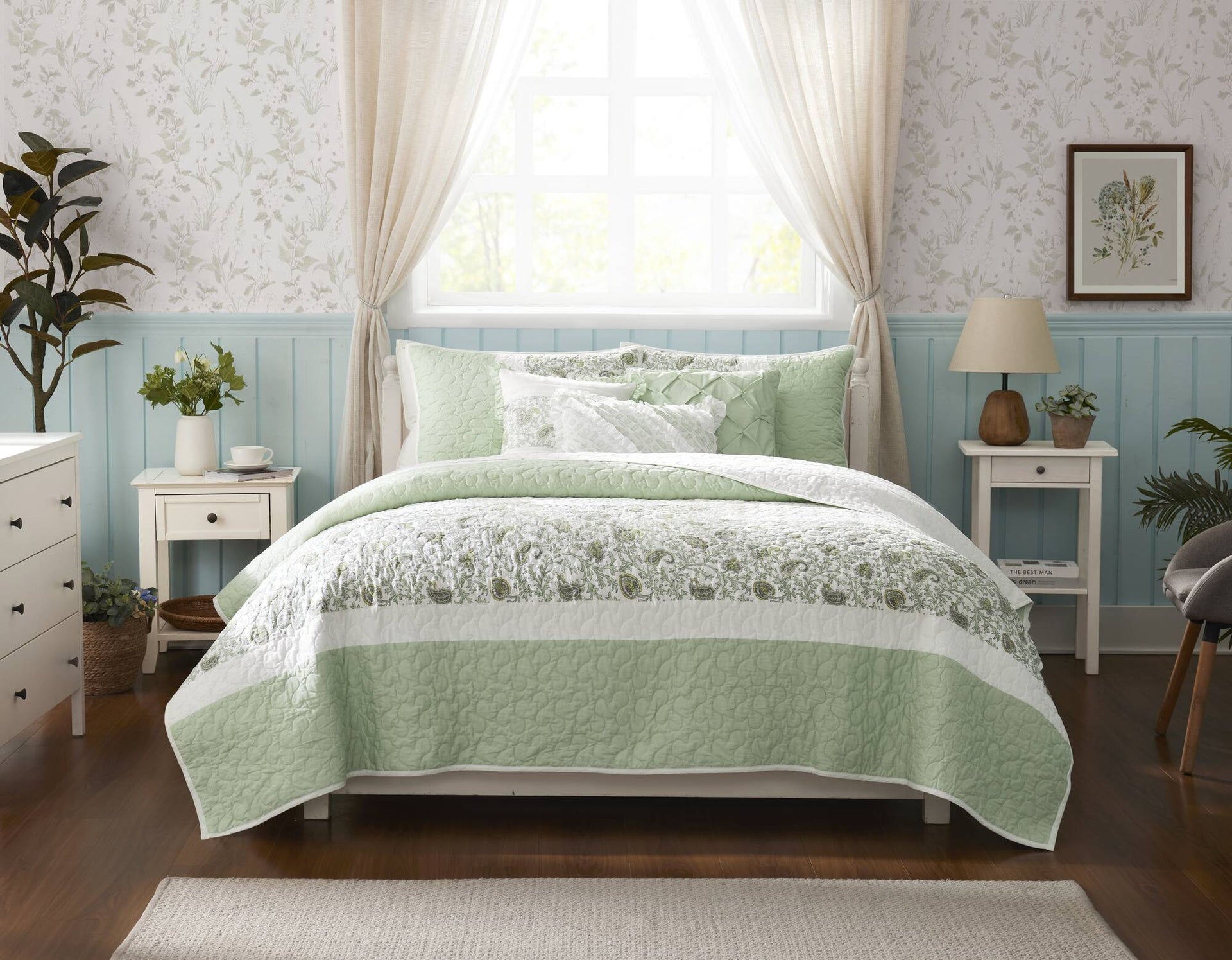 6 Piece Cotton Percale Quilt Set with Throw Pillows Full/Queen
