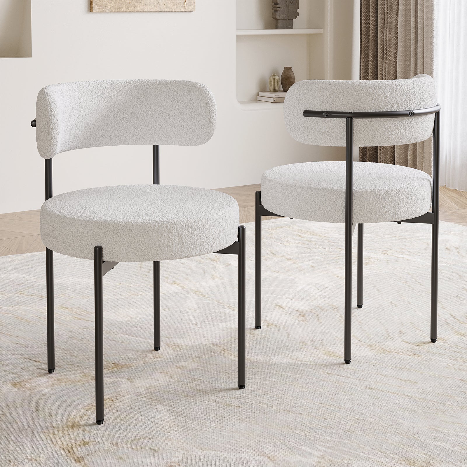 Dining Chairs Set of 4,Mid-Century Modern Kitchen Chair Curved Backrest Round Upholstered Sherpa Dining Chairs with Metal Legs