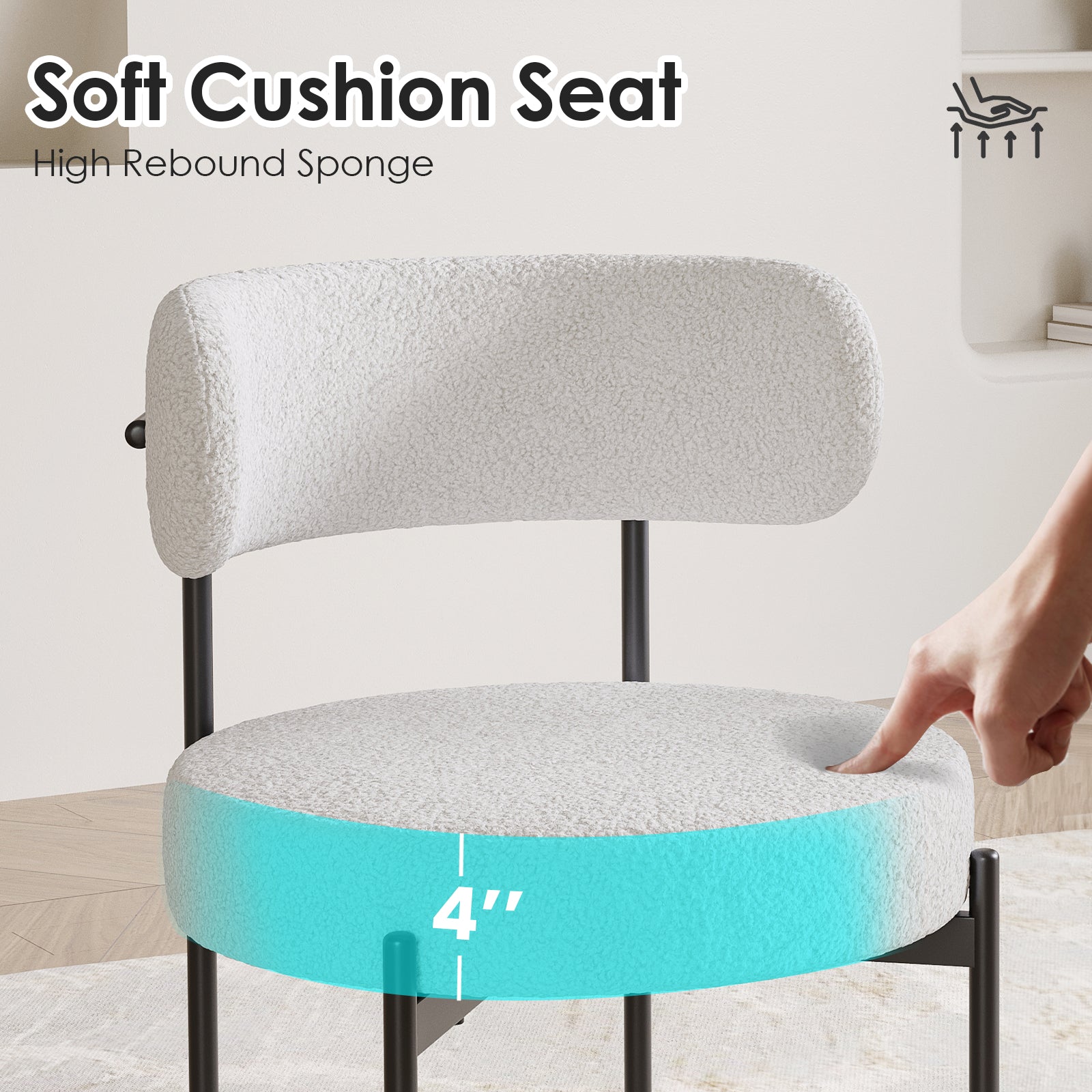 Dining Chairs Set of 4,Mid-Century Modern Kitchen Chair Curved Backrest Round Upholstered Sherpa Dining Chairs with Metal Legs