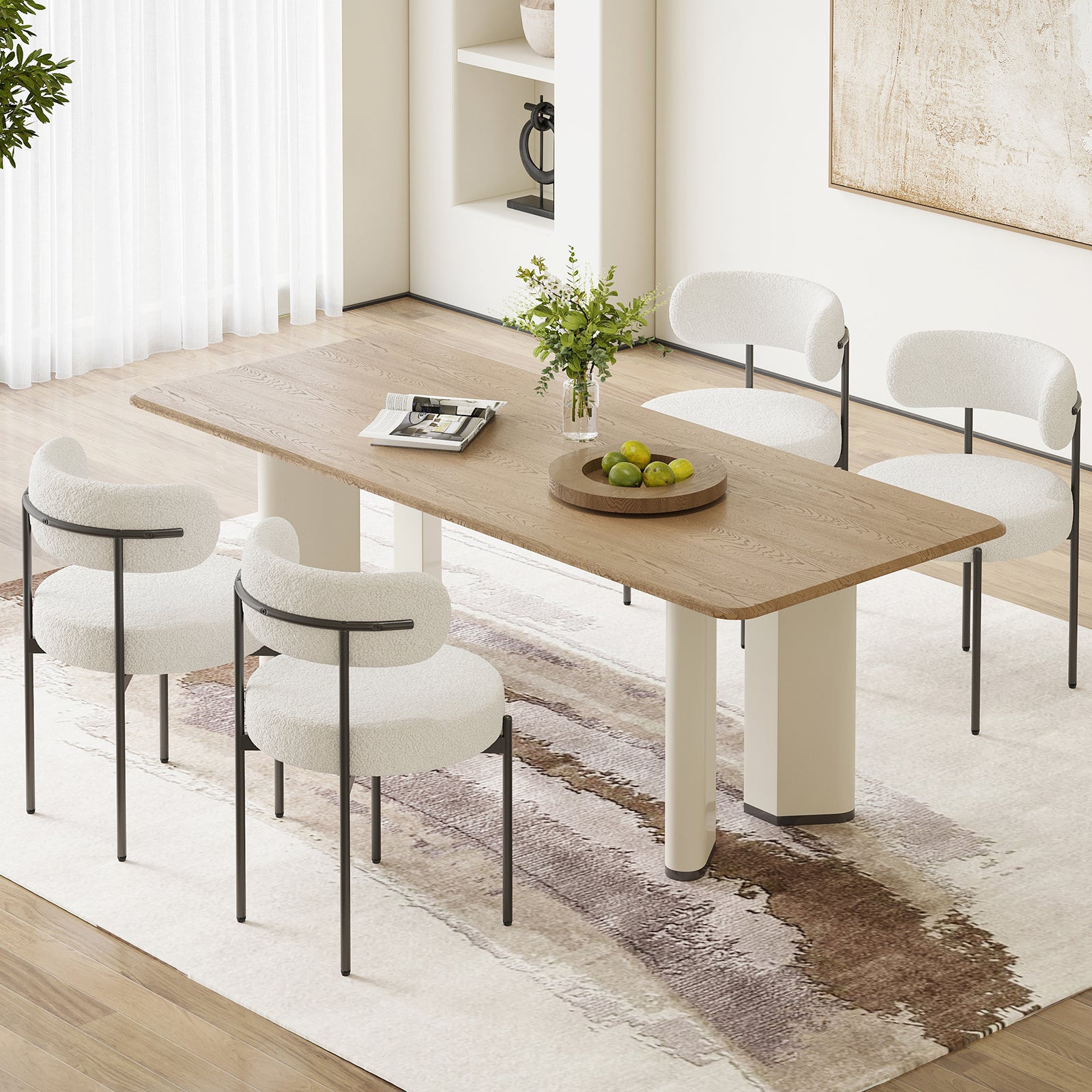 Dining Chairs Set of 4,Mid-Century Modern Kitchen Chair Curved Backrest Round Upholstered Sherpa Dining Chairs with Metal Legs