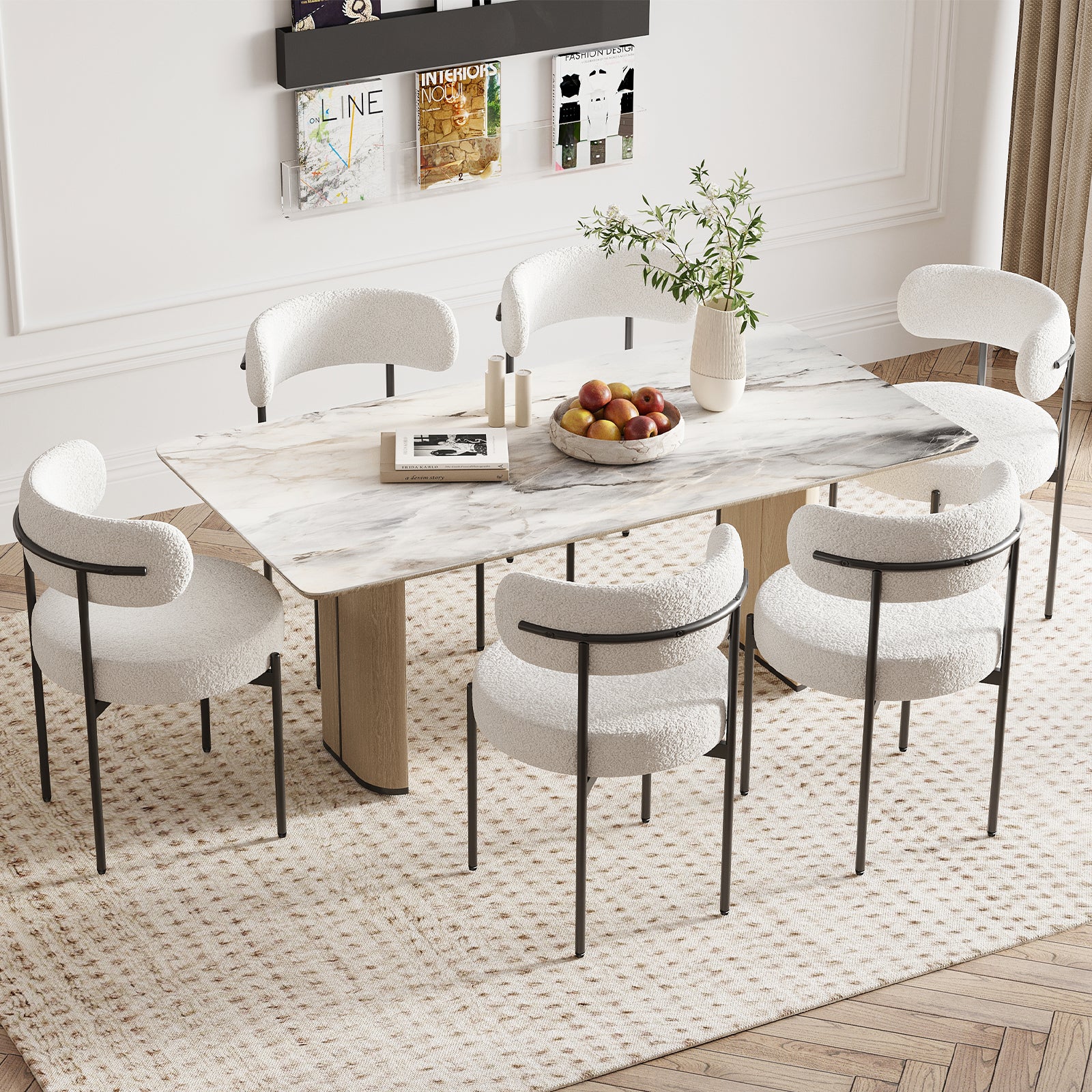 Dining Chairs Set of 4,Mid-Century Modern Kitchen Chair Curved Backrest Round Upholstered Sherpa Dining Chairs with Metal Legs
