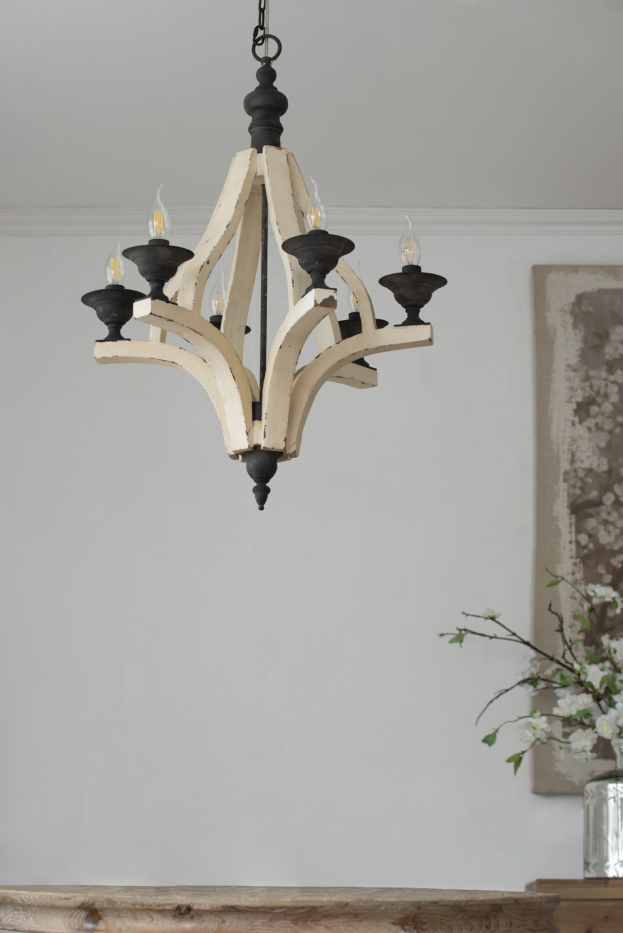 6 - Light Wood Chandelier, Hanging Light Fixture with Adjustable Chain for Kitchen Dining Room Foyer Entryway, Bulb Not Included