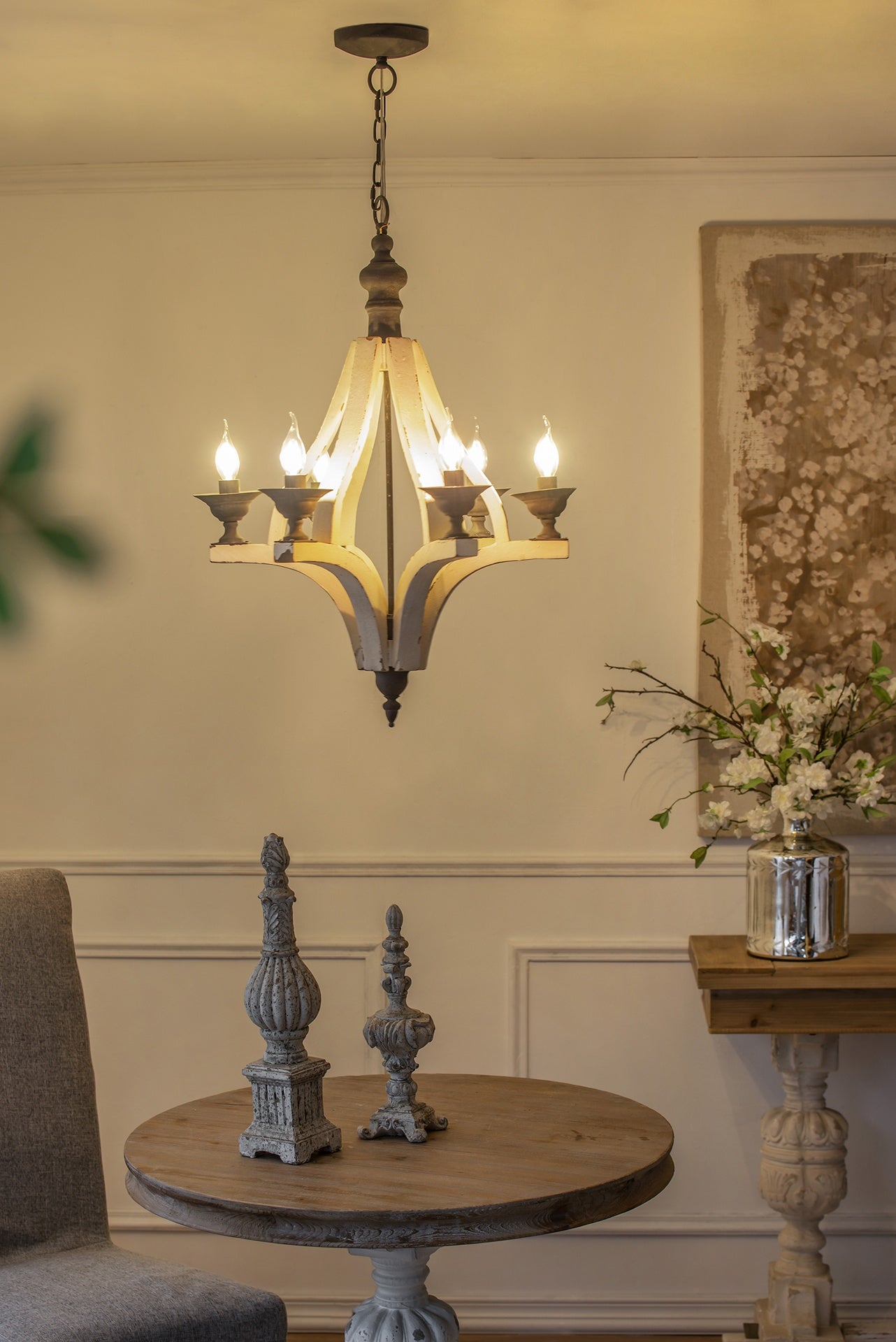 6 - Light Wood Chandelier, Hanging Light Fixture with Adjustable Chain for Kitchen Dining Room Foyer Entryway, Bulb Not Included