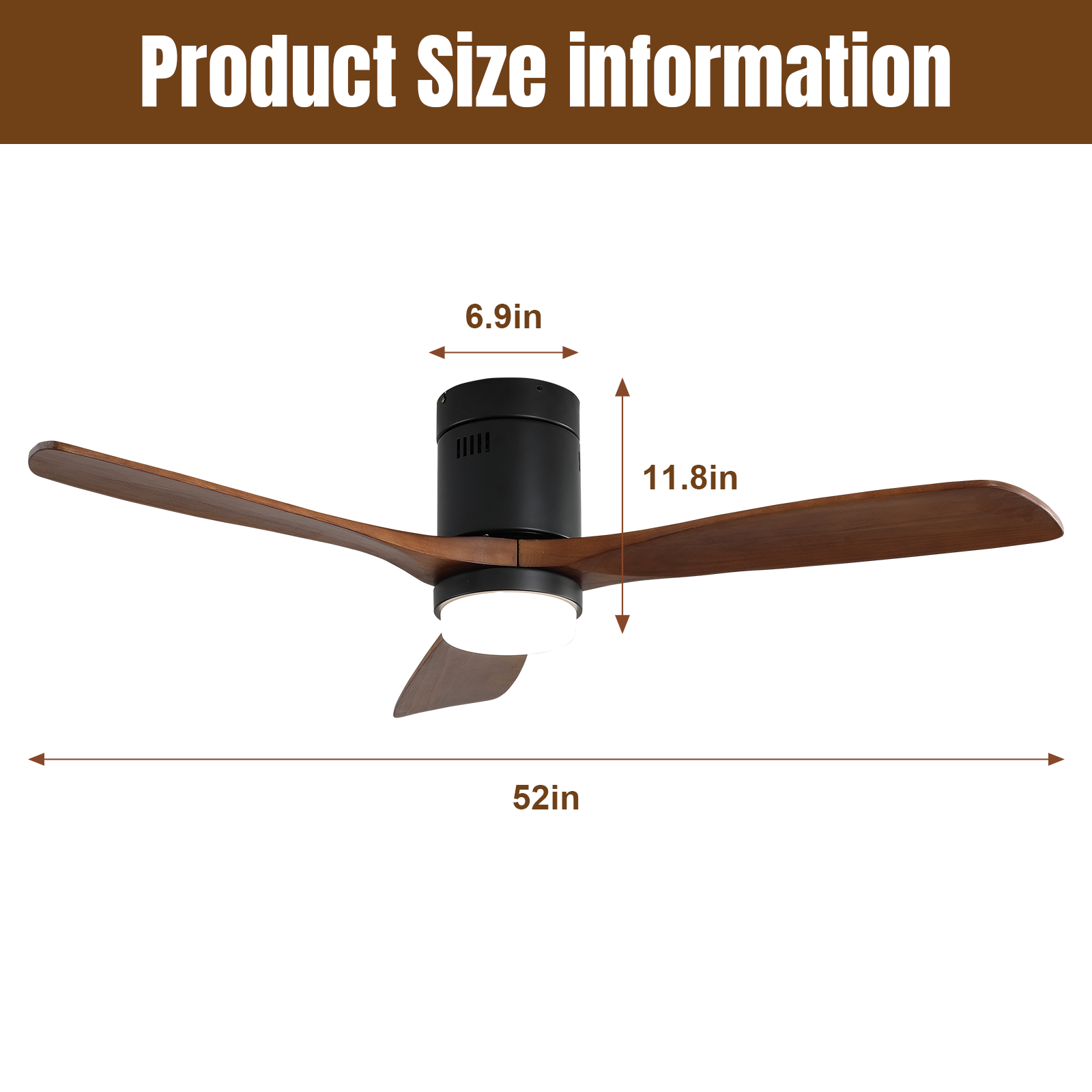 52 Inch Indoor Ceiling Fan With Lights 3 Solid Wood Fan Blade Noiseless Reversible Motor Remote Control With Light