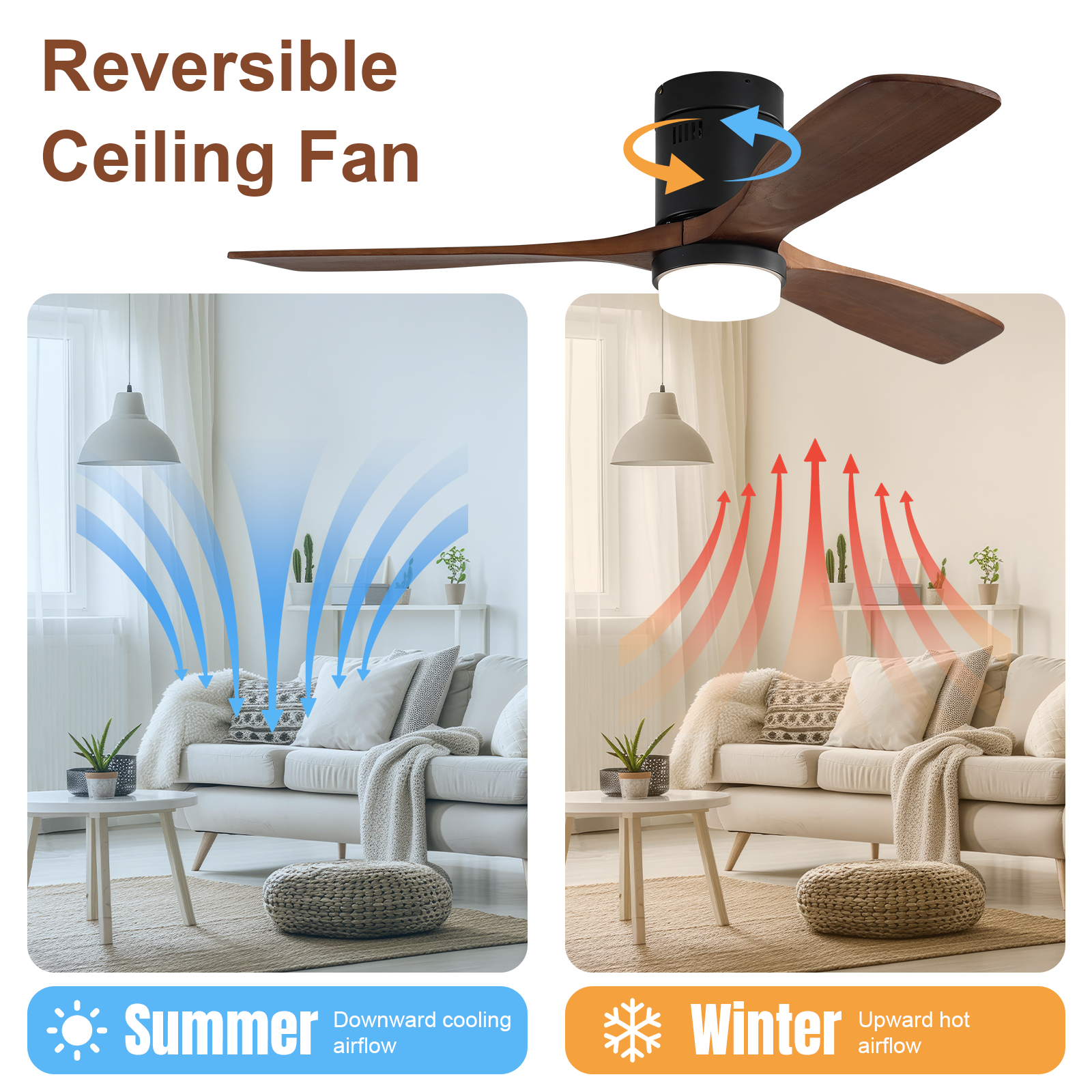 52 Inch Indoor Ceiling Fan With Lights 3 Solid Wood Fan Blade Noiseless Reversible Motor Remote Control With Light