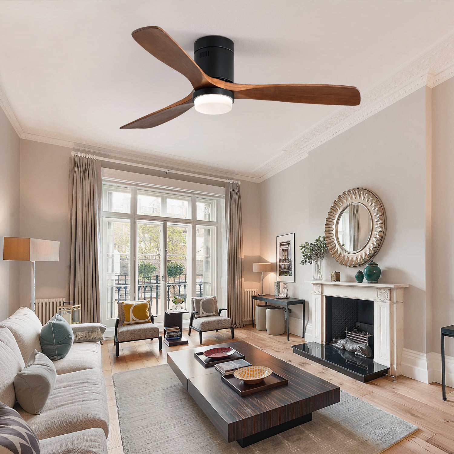 52 Inch Indoor Ceiling Fan With Lights 3 Solid Wood Fan Blade Noiseless Reversible Motor Remote Control With Light