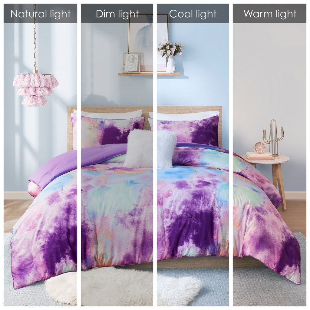 King/Cal King Watercolor Tie Dye Printed Comforter Set with Throw Pillow