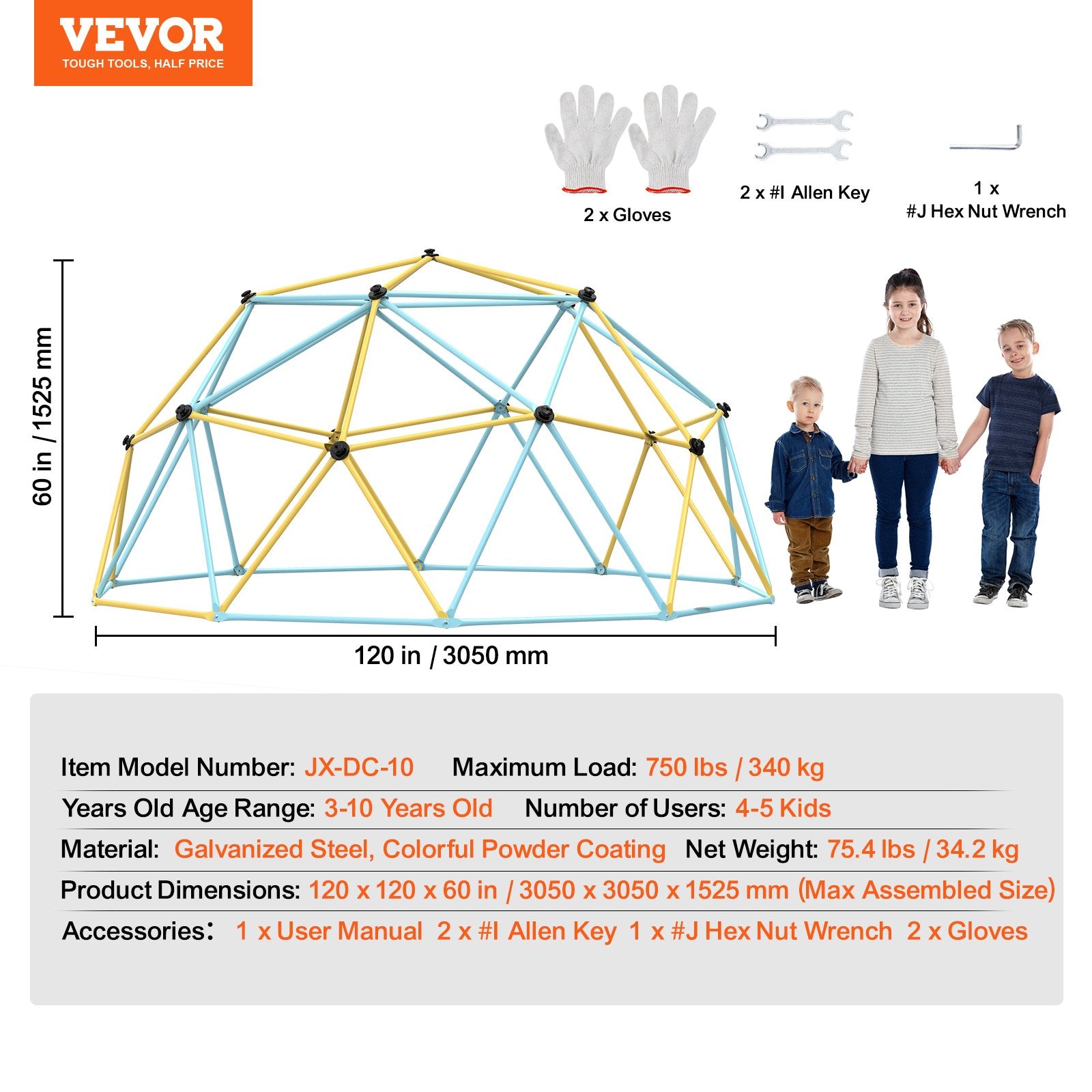 Climbing Dome, Jungle Gym Supports 750LBS and Easy Assembly, 10FT Geometric Dome Climber Play Center for Kids 3 to 10 Years Old,with Climbing Grip, Outdoor Backyard Play Equipment for Kids