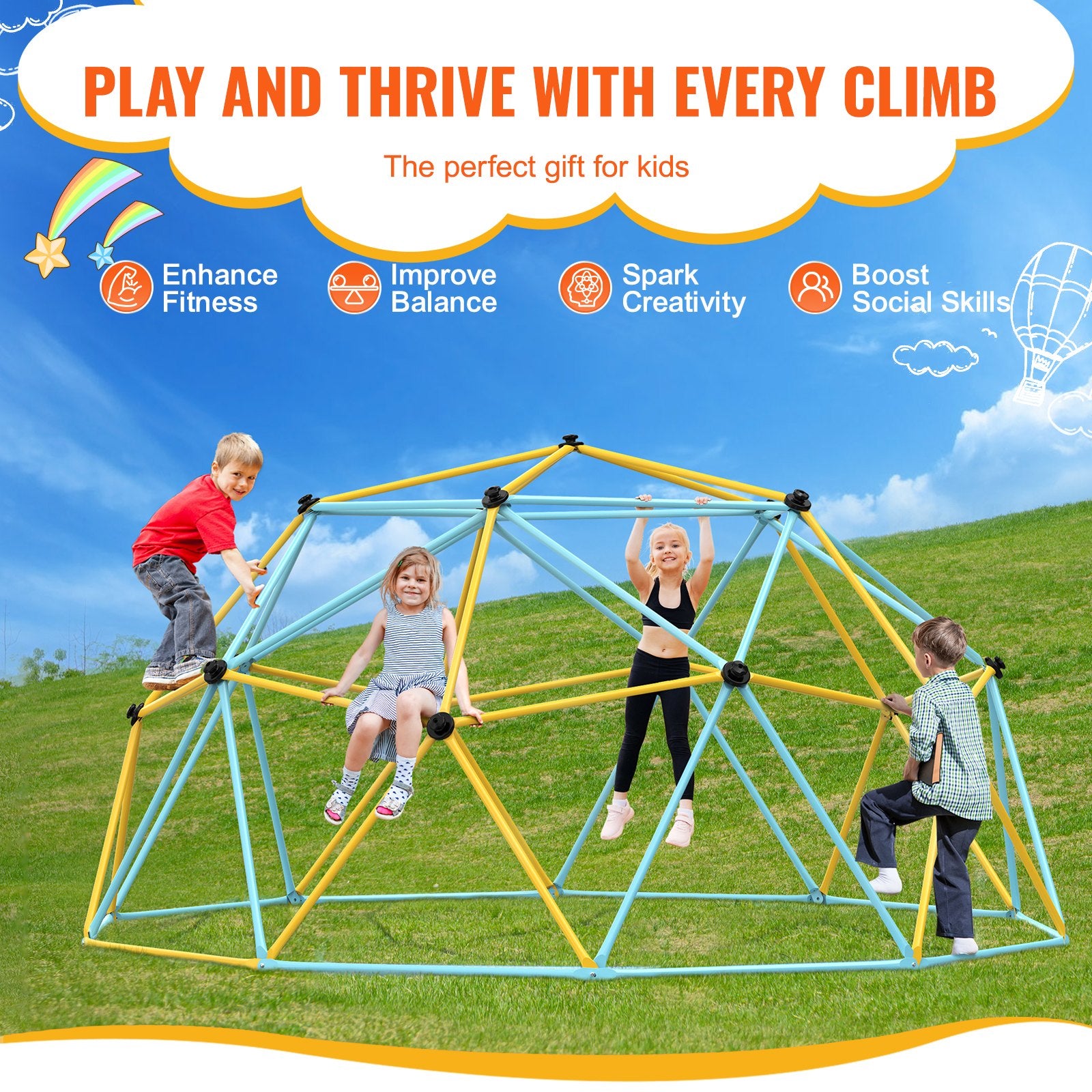 Climbing Dome, Jungle Gym Supports 750LBS and Easy Assembly, 10FT Geometric Dome Climber Play Center for Kids 3 to 10 Years Old,with Climbing Grip, Outdoor Backyard Play Equipment for Kids