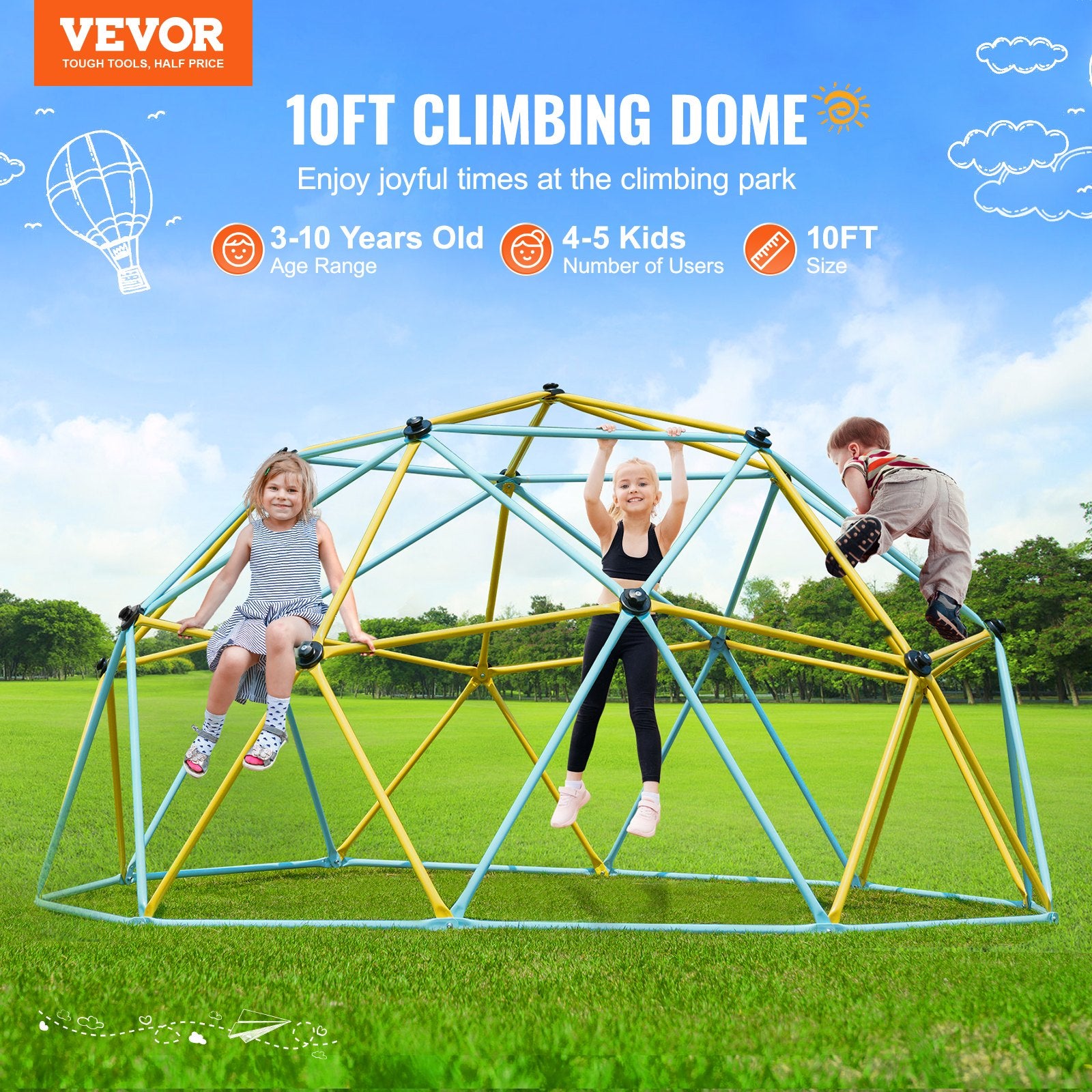 Climbing Dome, Jungle Gym Supports 750LBS and Easy Assembly, 10FT Geometric Dome Climber Play Center for Kids 3 to 10 Years Old,with Climbing Grip, Outdoor Backyard Play Equipment for Kids