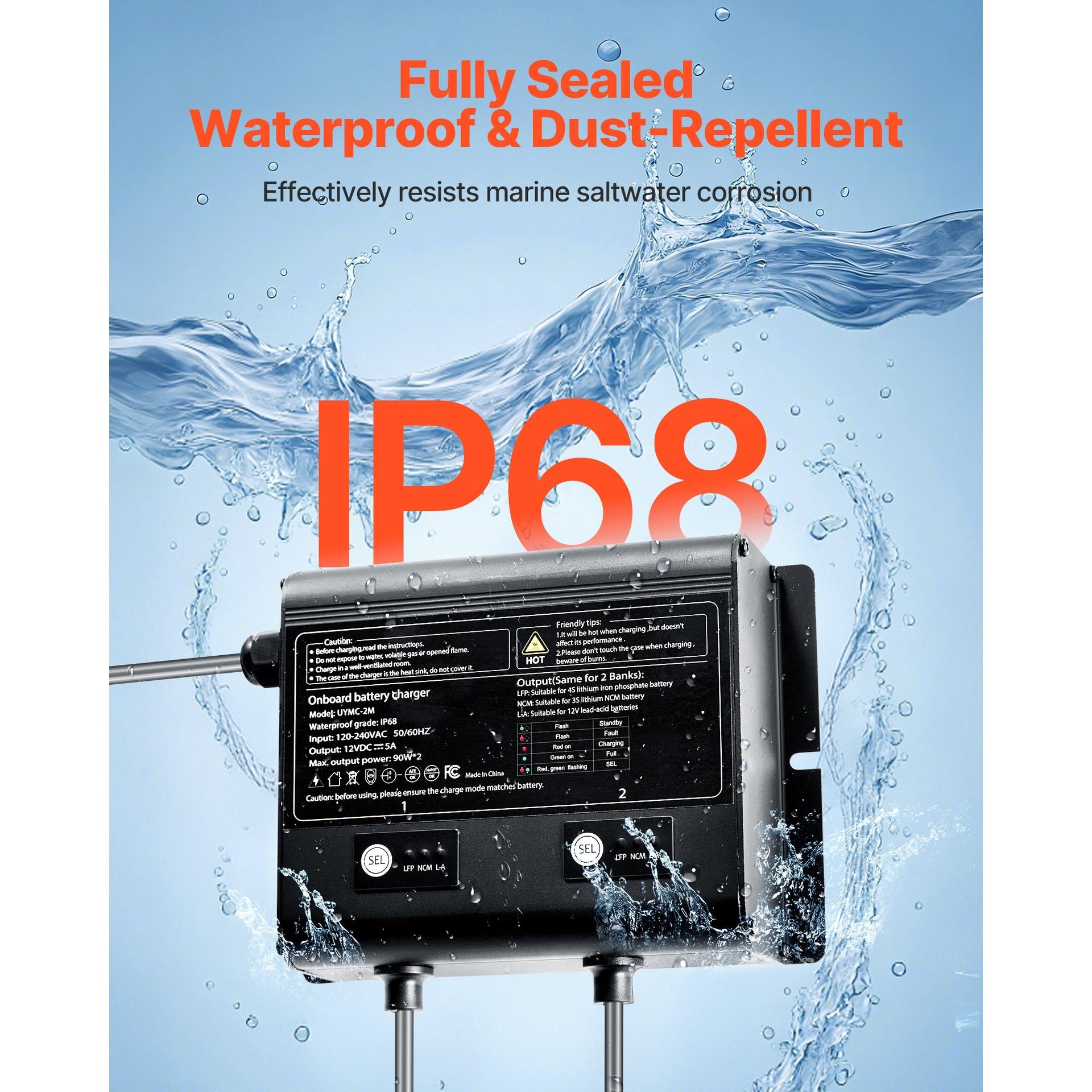 2-Bank 5A 12V Smart Marine Battery Charger Onboard IP68 Waterproof Boat RV Yacht